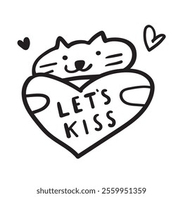 Cat holds a heart. Phrase - let's kiss. Valentine's Day design. Outline illustration on white background.