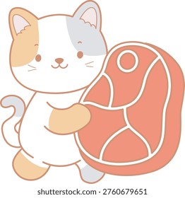 A cat holds a large piece of meat.