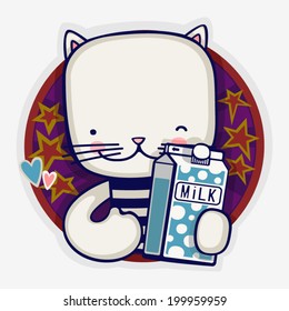 Cat holds a package of milk.