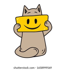 The cat holds a sign with in its paws and smiles. Sticker .Vector design for postcard banners