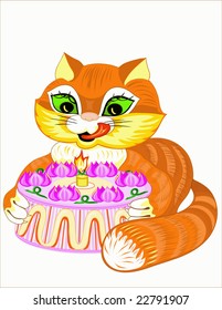 Cat with a holiday pie on a white background