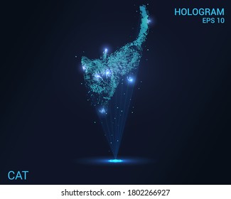 The cat is a hologram. Holographic projection of a cat. A flickering energy stream of particles. Scientific cat design.