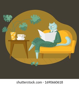 Gato en casa. Carácter gracioso. Sofá, mesa, taza de leche, planta, zapatillas, gafas, periódico. Ilustración vectorial. Estilo de caricatura. Plano.