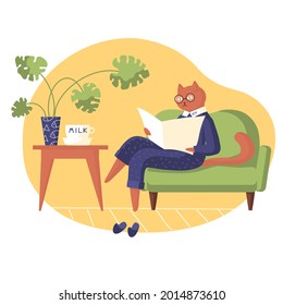 Gato en casa. Carácter gracioso. Sofá, mesa, taza de leche, planta, zapatillas, gafas, periódico. Ilustración vectorial. Estilo de caricatura. Plano. Aislados, animales, alegres, empiezan en casa.