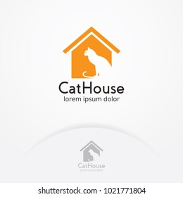 Cat home logo design. Illustration silhouette of a cat in the house. Pet shop, pet care with a flat design style