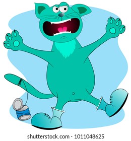 cat hooligan with can cartoon comic vector illustration. cat in a panic cartoon vector illustration. screaming cat cartoon vector illustration.