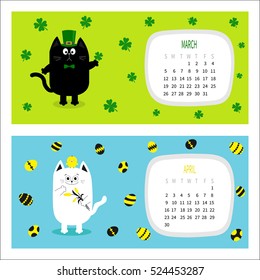 Cat horizontal calendar 2017. Cute funny cartoon character set. March April spring month. Green hat tye bow chicken egg Hanging clover leaf, tulip flower. Happy Patricks day Easter Flat design Vector