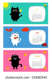 Cat horizontal calendar 2017. Cute funny cartoon white black character set. July August September month. Ice cream, yellow sun shining, sunglasses Red balloon, watermelon fruit leaf Flat design Vector