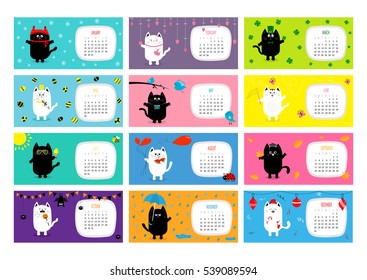 Cat horizontal monthly calendar 2017. Cute funny cartoon character set. All month. Happy Valentines St Patrick day Christmas Easter Egg Bird Chicken Umbrella, rain. Santa hat, sun Flat design Vector