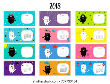 Cat horizontal monthly calendar 2018. Cute funny cartoon character set. All month. Happy Valentines Christmas St Patrick day Easter Egg Bird Chicken Umbrella, rain. Santa hat, sun Flat design Vector