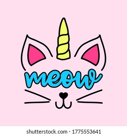 CAT WITH A HORN LIKE A UNICORN, CAT FACE VECTOR, SLOGAN PRINT