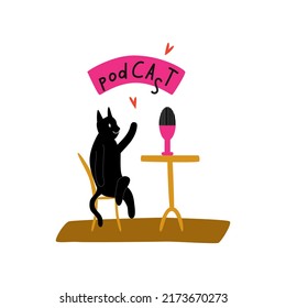 The cat is hosting a podcast.  Vector illustration. Cute character.
