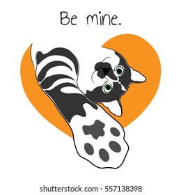 Cat in hot heart. Valentine card.