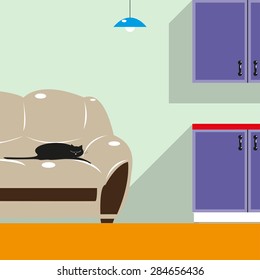 A cat in the house. Color vector illustration. Background.