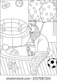 Cat in house coloring page vector