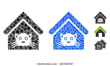 Cat house composition of small circles in various sizes and color hues, based on cat house icon. Vector small circles are united into blue composition.
