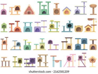 Cat house icons set cartoon vector. Tree tower. House post