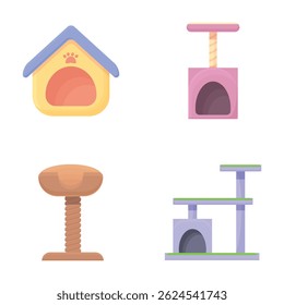 Cat house icons set cartoon vector. Scratching post and cat house. Pet store