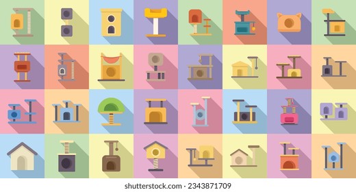 Cat house icons set flat vector. Post tower. Tray toy