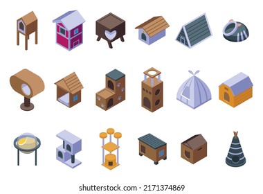 Cat House Icons Set Isometric Vector. Tree Tower. Post House