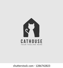 Cat House Logo. Black And White Silhoutte. Logo Vector For Pet Shop