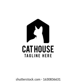 Cat house logo design. Cat and house vector illustration for pet company graphic template