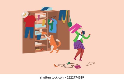 the cat of the house messed up her wardrobe and spilled everything on the floor, the clothes are falling on the woman.vector illustration
