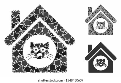 Cat house mosaic of raggy elements in various sizes and color tints, based on cat house icon. Vector joggly parts are grouped into collage. Cat house icons collage with dotted pattern.