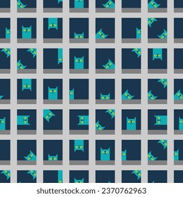 Cat house pattern seamless. Cat in window background. Baby fabric texture