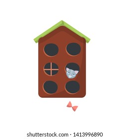 Cat house with roof, gray cat inside and with toy. Flat cartoon style vector character illustration on whita background