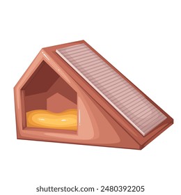 Cat house with sloping roof for scratching, cartoon bed of pet. Funny wooden brown burrow with pillow for sleeping cat inside, cartoon cute accessory of pet care supplies vector illustration