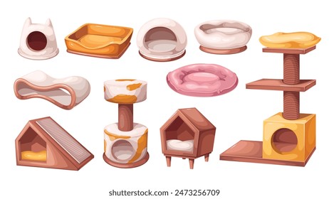 Cat houses set, cartoon toy towers and floor beds. Funny climbing tree and basket with cozy pillows for cat and dog, home furniture and cartoon pet care accessories collection vector illustration