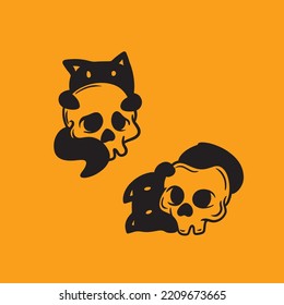 Cat Hug Skull Halloween Vector Silhouette Cute Mascot Logo Illustration