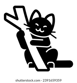 Cat hug stick solid icon, funny animals concept, kitty hold twig vector sign on white background, glyph style icon for mobile concept and web design. Vector graphics