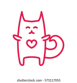 cat hug thin line red icon on white background, happy valentine day, love