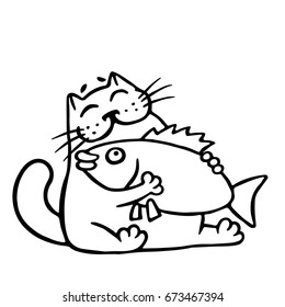 Cat hugging big fish. Cartoon cool character. Contour freehand digital drawing. Isolated vector illustration.