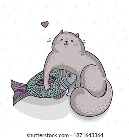 Cat hugging big fish. Cute cartoon cat with big fish. vector illustration