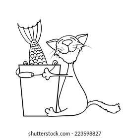 cat hugging a bucket of fish