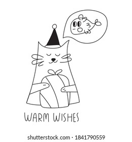 Cat hugging Christmas gift box and dreaming about fish. Warm wishes. Vector outline illustration. Best for greeting cards design. 