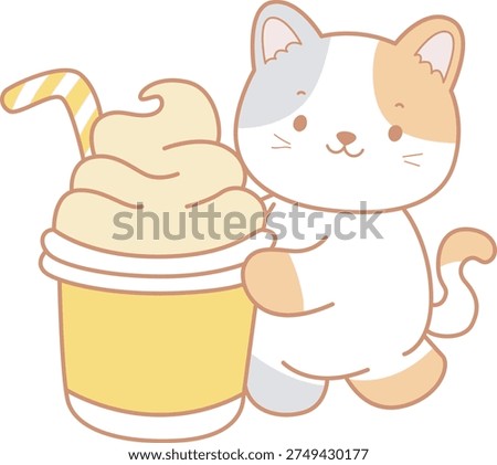 A cat hugging a cup of ice cream cappuccino.