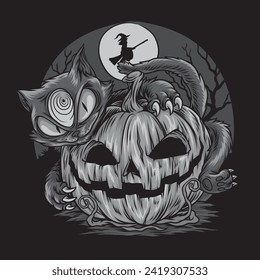 Cat Hugging An Evil Pumpkin With The Witch at the Back in Black and White Illustration