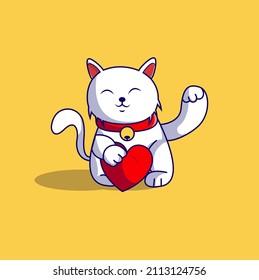 Cat hugging heart and happy vector design illustration..