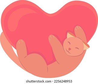 Cat hugging a stylized heart, vector illustration for Valentine's Day. Cat and symbol of love