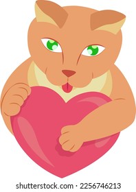 Cat hugging a stylized heart, vector illustration for Valentine's Day. Cat and symbol of love