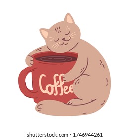 El gato abraza una taza de café grande. Ilustración vectorial para cafés. Aislado sobre fondo blanco. Se puede usar para menú, logotipo o folleto, tarjeta de saludo, camiseta de diseño, impresión o afiche.