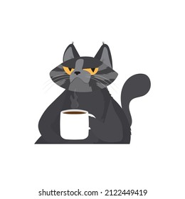 Cat hugs a big coffee cup. Vector illustration for coffee houses. Isolated on white background. Can be used for menu, logo or flyer, greeting card, design t-shirt, print or poster.