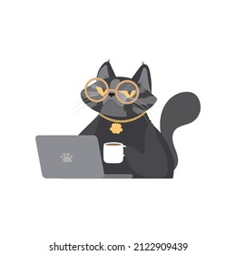 Cat hugs a big coffee cup. Vector illustration for coffee houses. Isolated on white background. Can be used for menu, logo or flyer, greeting card, design t-shirt, print or poster.