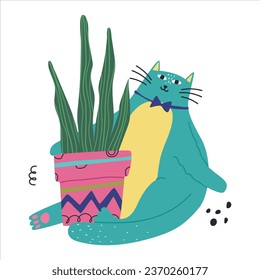 Cat hugs a flower pot. Flat vector illustration, eps10
