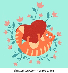 Cat hugs heart on the flower background. Saint Valentine`s day or Birthday texturized vector illuctration. Sutable for greeting cards, prints, shelter logo.