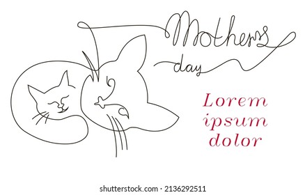 Cat hugs her kitten, next to it is the inscription Mother's Day. Postcard. Mother's love. One line style vector illustration isolated on white background. There is a place for your text.